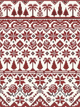 Red traditional cross stitch pattern with roses and cypress trees
