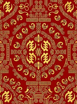 Red and gold west african adinkra symbol pattern