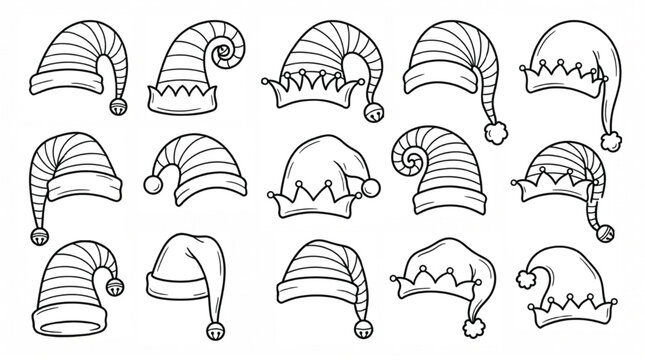 Christmas Elf Hat Coloring Page Collection Festive Holiday Line Art Set
