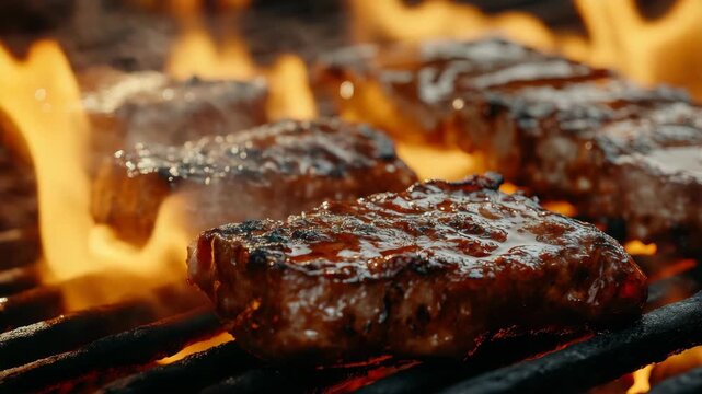 Several pieces of grilled meat sizzling on a barbecue grill with flames.