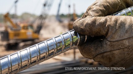 Naklejka premium Reinforcing steel bar held by a worker before concrete placement on a construction project.