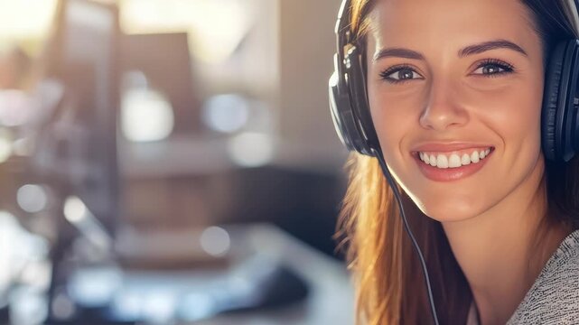 A cheerful female radio host or podcaster smiling at the camera while wearing headphones.