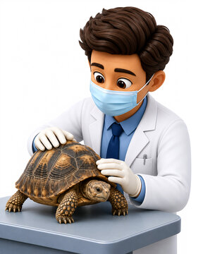 3D Veterinarian Mascot Examining the Shell of a Tortoise on a Clinic Table