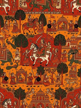 Traditional indian royal procession pattern with warriors and horses