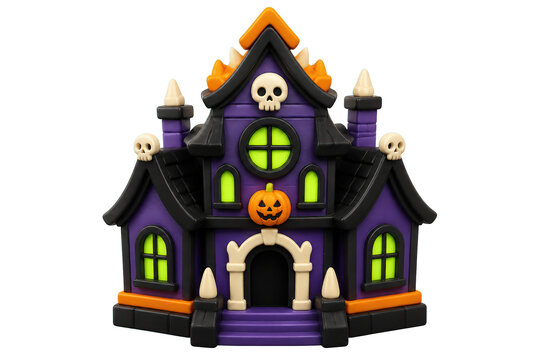 Purple stylized haunted house with skulls and jack o lantern