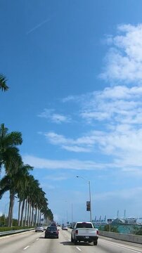 Vertical POV drive along a Miami freeway in Florida with moving traffic, palm trees and a modern urban atmosphere on a sunny day.