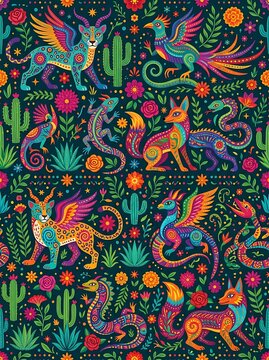 Colorful mexican alebrije folk art pattern with mythical creatures