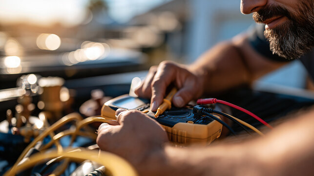Close up of an hvac technician's hands testing an outdoor ac unit capacitor with a multimeter faceless framing on hands and instrument bright clean service scene
