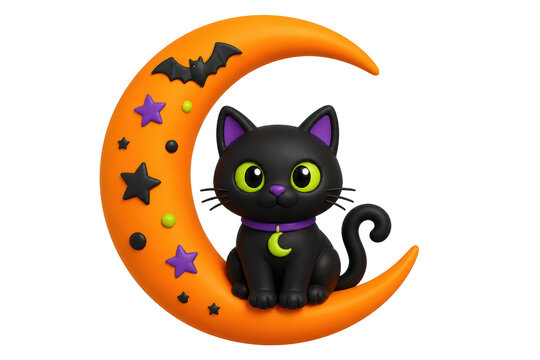Black cat sitting on decorated orange crescent moon