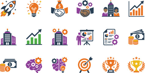 Fototapeta premium Startup business flat icon set featuring entrepreneurship, innovation, growth, finance and modern company development symbols vector illustration