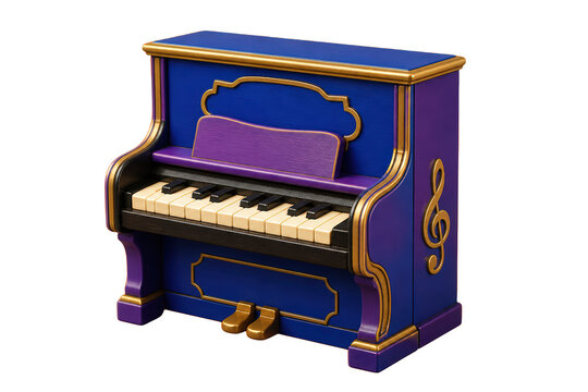 Small decorative upright piano in purple blue and gold