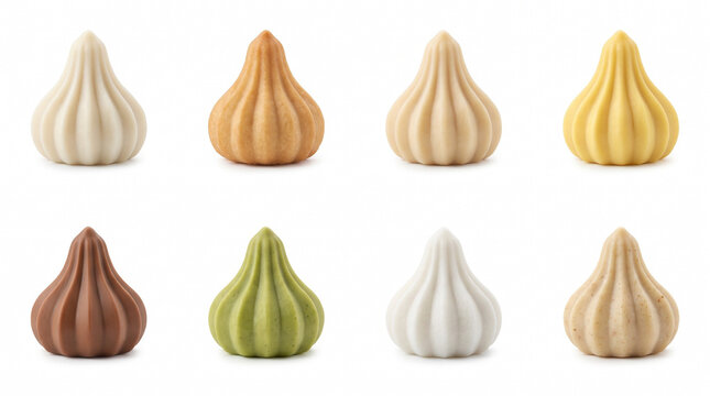 eight traditional indian modak varieties arranged in a clean grid isolated on white background representing festive sweets food packaging menu design and ganesh chaturthi celebration