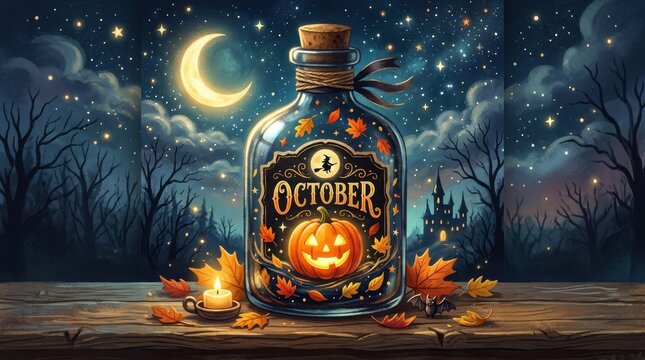 A glass bottle containing autumn foliage and a jack o lantern illustration set against a scenic halloween backdrop fall vintage decorative october jack-o