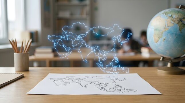 Futuristic blue holographic map of asia projecting above a hand-drawn paper outline on a wooden desk in a modern classroom environment, perfect for educational technology concepts.