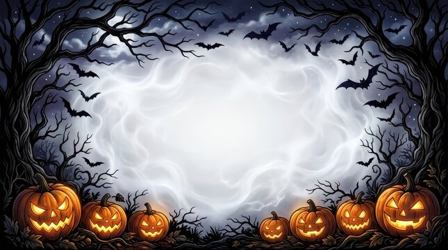 Halloween scene with jack o lanterns bats and bare branches against a cloudy night sky backdrop autumn branch cloudscape costume darkness decor eerie