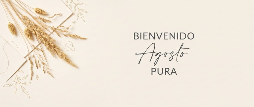 Dried pampas grass background layout featuring Spanish typography Bienvenido Agosto Pura on neutral beige surface for modern minimalist banner, aesthetic luxury botanical copy space design concept