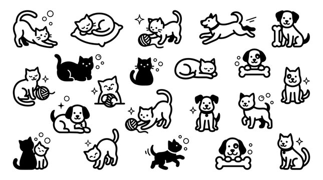 cute cat and dog icon set showing pets playing sleeping sitting and stretching in minimal line art vector style, symbolizing pet care branding and veterinary graphic design
