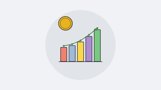 Animated growing colorful bar chart with rising trend arrow and gold coin