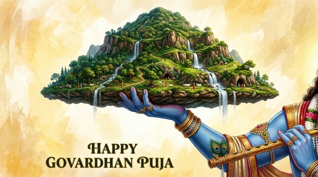 Floating mountain landscape with waterfalls and lush vegetation a digitally painted illustration for a religious celebration range digital painting art hinduism govardhan puja