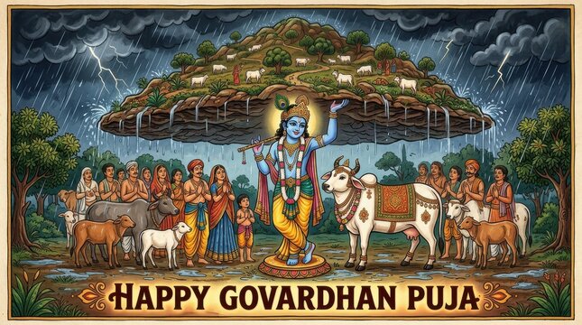 Govardhan Puja illustration depicting krishna lifting a mountain with villagers and livestock traditional style lord hinduism indian mythology religious festival hill cattle cow