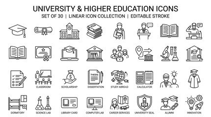 Set of thirty linear icons related to university and higher education with editable stroke © HUANG