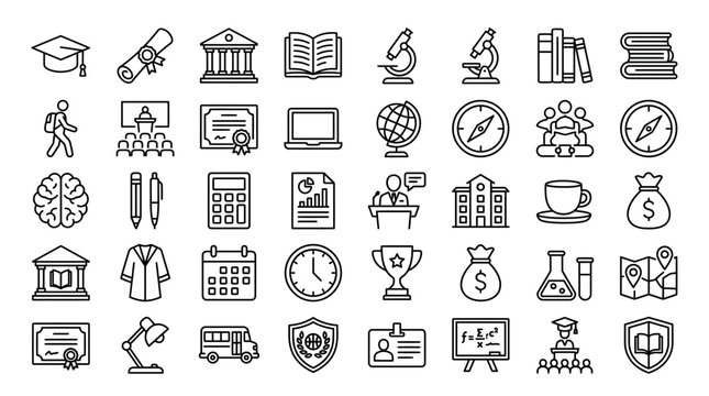 Modern line art icon set capturing the essence of education, academic life, and student success, ideal for illustrating learning journeys from school to university