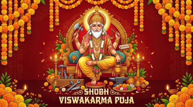 Vishwakarma the hindu god of architecture and craftsmanship depicted in a detailed vector illustration deity indian divinity engineering construction divine artisan mythology religion