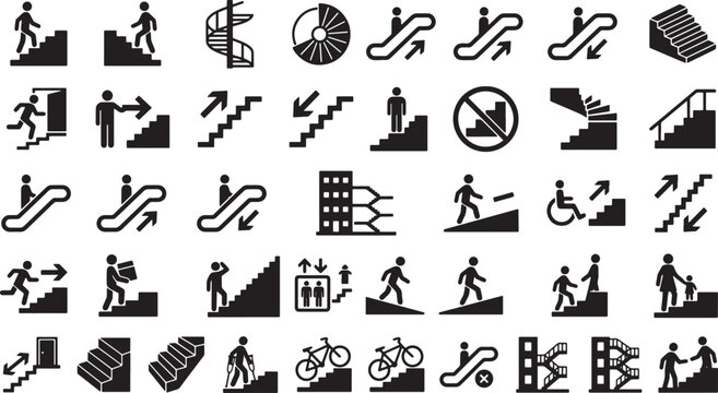 Set of black silhouette icons representing stairs escalators and pedestrian movement in various architectural building environments vector