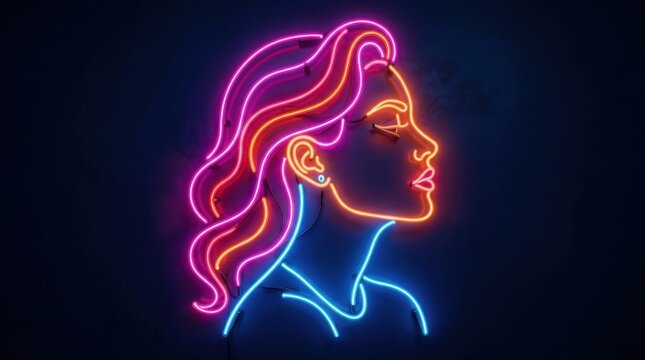 Neon woman s face profile in vibrant colors against a dark background sign light female head outline portrait drawing glowing lines luminescence bright