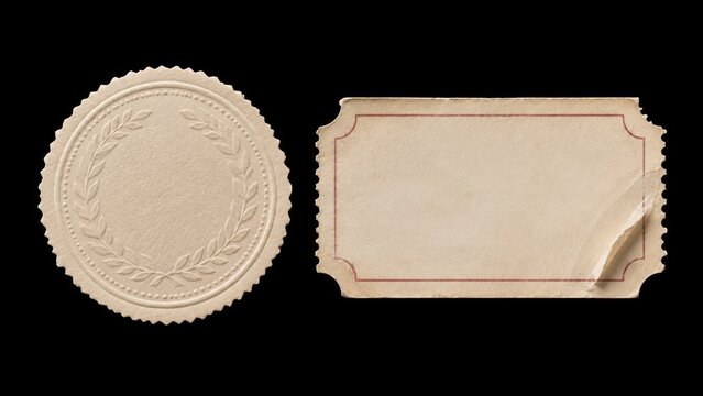 Vintage paper label and embossed seal isolated on black