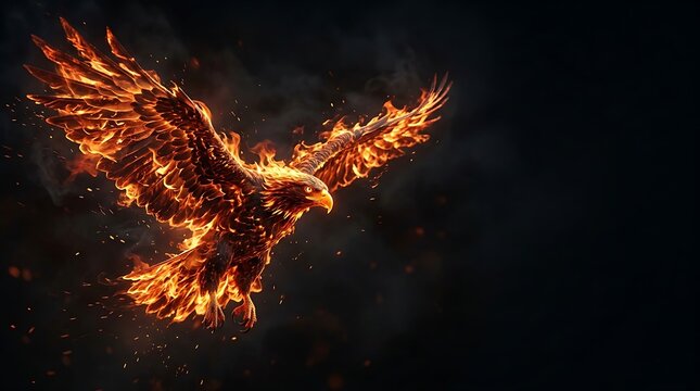 Majestic eagle flying with wings made of fire on a dark background