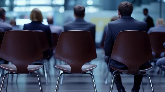 Professional business meeting setting with individuals sitting in rows and facing forward, with a focus on one person's profile silhouette.