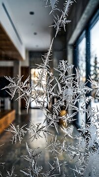 Frosted Window with Intricate Ice Crystal Patterns.