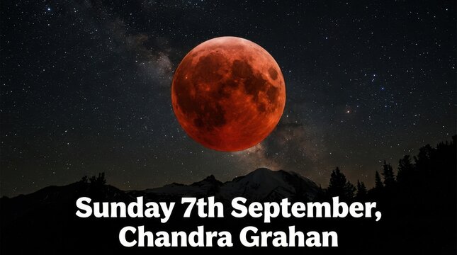 Red moon over mountain silhouette with starry night sky background blood lunar eclipse full moonscape astronomy celestial event glow range darkness nighttime space