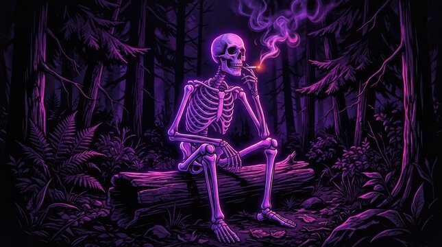 Skeleton smoking in a forest digital illustration with purple and black tones human bony structure skull cranium ribcage vertebrae woods trees fern foliage