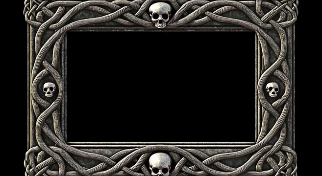 Detailed gothic picture frame featuring human skulls and intricate vine carvings on black background