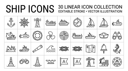 Set of thirty linear maritime and nautical equipment icons featuring ships anchors navigation tools and oceanic travel symbols for web design © HUANG