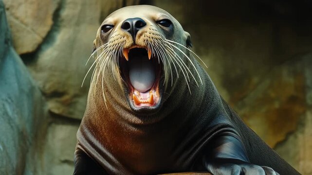 Close-up of a sea lion at the zoo with its mouth wide open