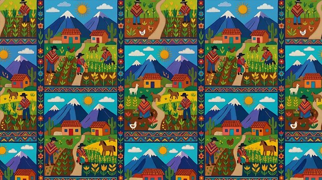 Colorful folk art pattern of andean mountain village and rural life