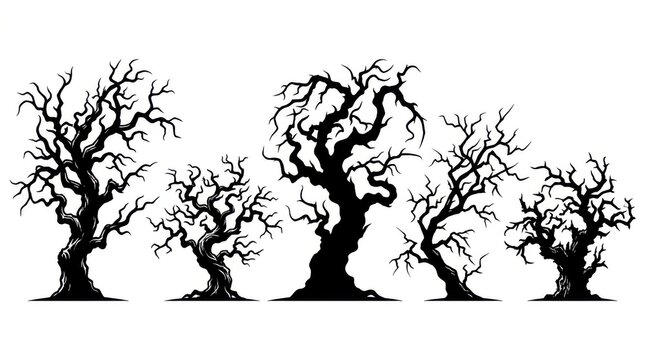 Bare tree silhouettes against a white background a collection of stark botanical forms silhouette branch woodland forest winter trees leafless black monochrome graphic