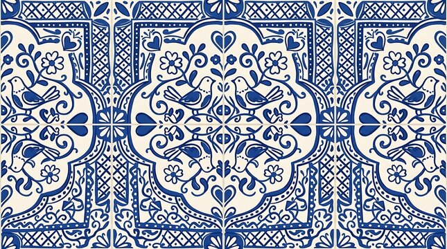 Traditional blue and white ceramic tile pattern with birds