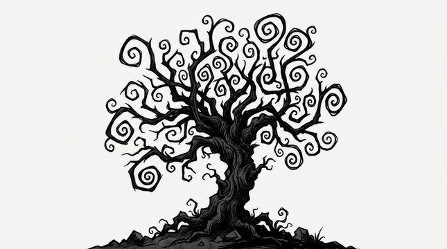 Stylized tree illustration with swirling branches and textured trunk on a white background trees woodland forest foliage branch roots wood nature organic botanical
