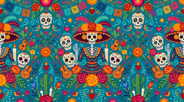 Vibrant day of the dead pattern with sugar skulls and flowers