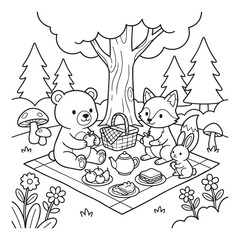 Fototapeta premium Cute bear, fox, and bunny having picnic under a tree in the forest.