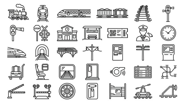 Railway and Train Transportation Icon Set for Logistics, Travel, and Public Transit Infrastructure