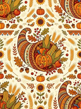 Seamless autumn harvest pattern with decorative cornucopia and produce