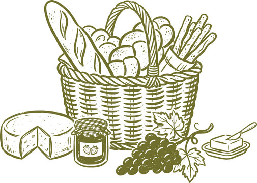Hand Drawn Wicker Bread Basket with Cheese Jam Butter and Grapes Illustration