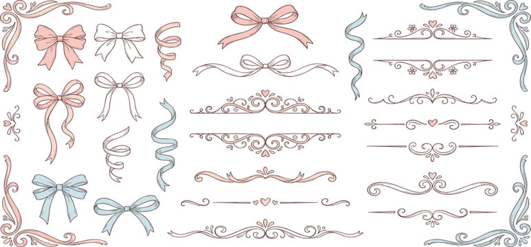 Set of coquette girly bow ribbon frames, dividers, separators, corner borders, tied bows. Cute line doodle sketch vector illustration. Aesthetic trendy minimalist design elements. Filigree drawing