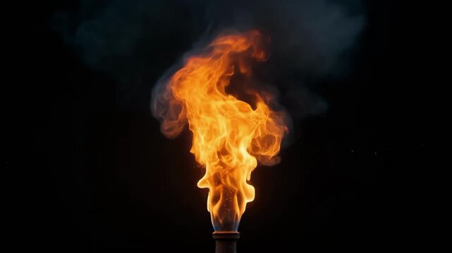 Fiery gas flare with dark smoke against black background cinematic motion