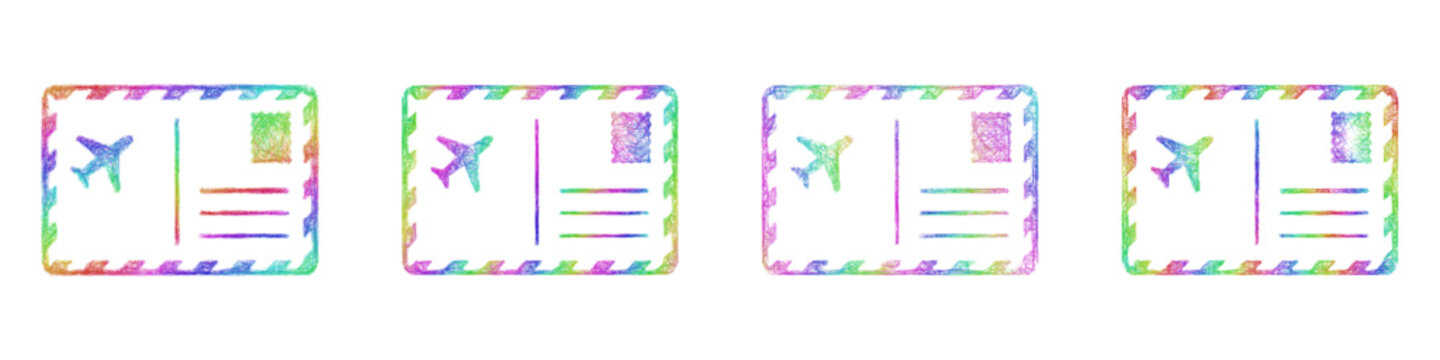 Colorful sketch airmail postcard icon design set